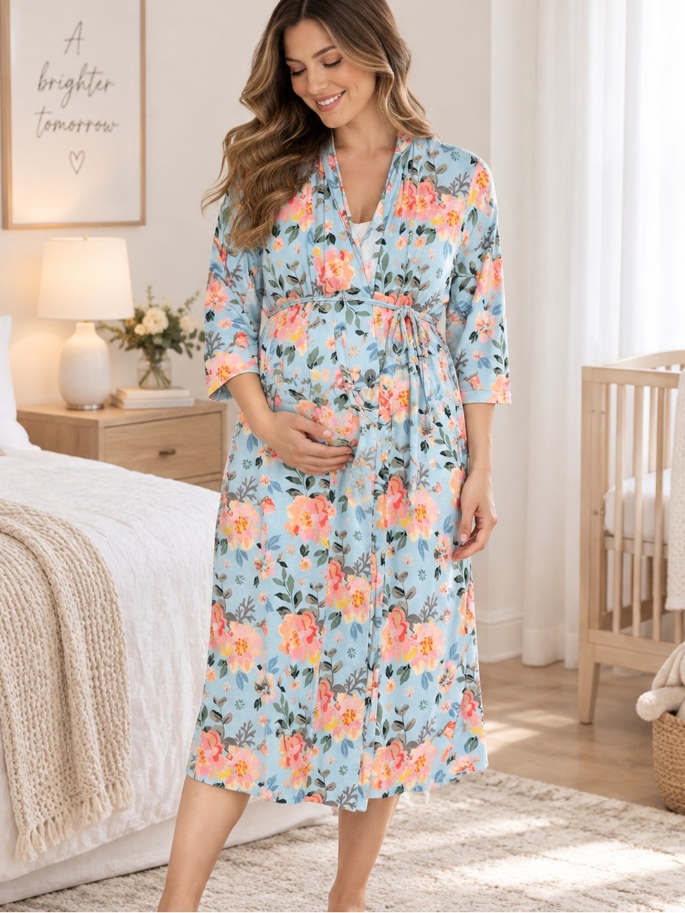 Gownies XS Floral Postpartum Robe Blue Pink Soft Stretch Nursing Hospital Robe